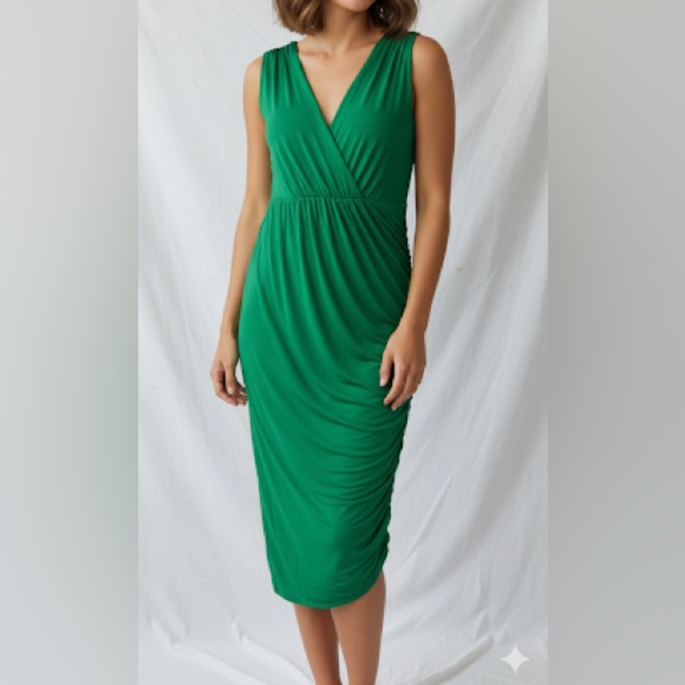 Anthropologie Deletta Green Draped Sleeveless Dress Large Silk Blend V-Neck Midi